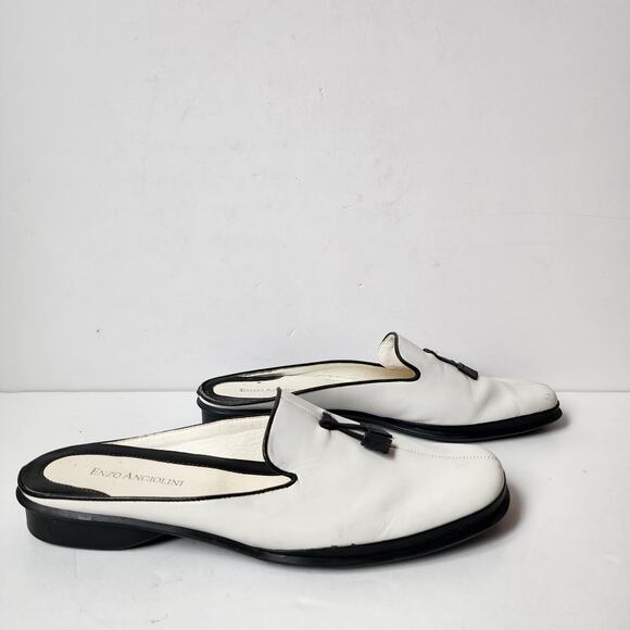 Enzo Angiolini McBeth Mules Womens Size 7.5 Leather Slip On White Black Tassel - Picture 1 of 13